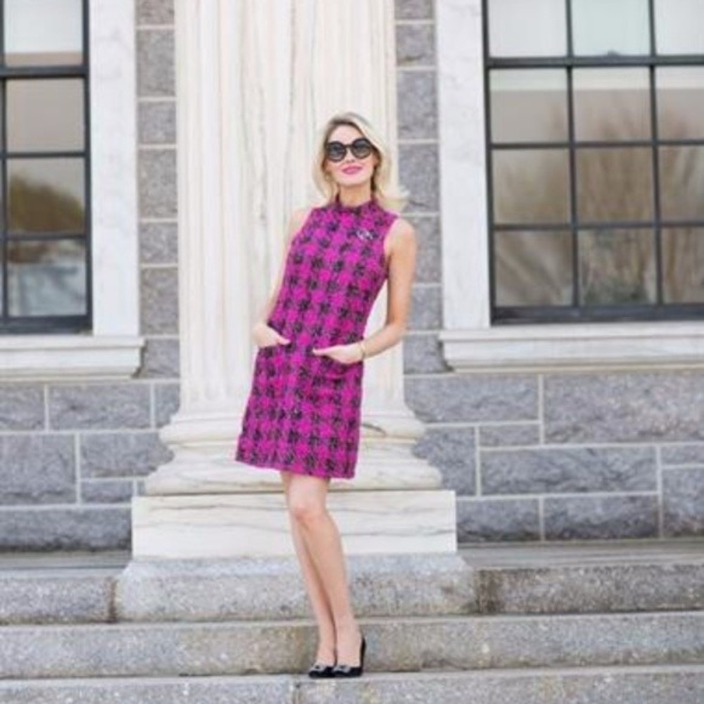 Julie Brown NYC Annie Pink Tweed Preppy Sleeveless Front Pocket Dress Size 2‎